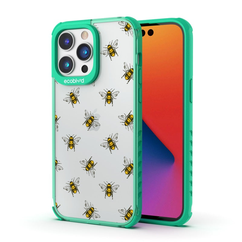 Back View Of The Green iPhone 14 Pro Laguna Case With The Bees Design On A Clear Back And Front View Of The Screen