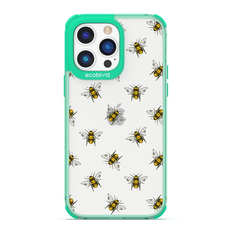 Laguna Collection - Green Eco-Friendly iPhone 14 Pro Case With A Honey Bees Design On A Clear Back - Compostable