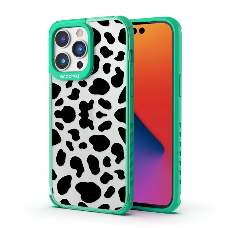 Back View Of The Green Compostable iPhone 14 Pro Laguna Case With The Cow Print Design & Front View Of The Screen