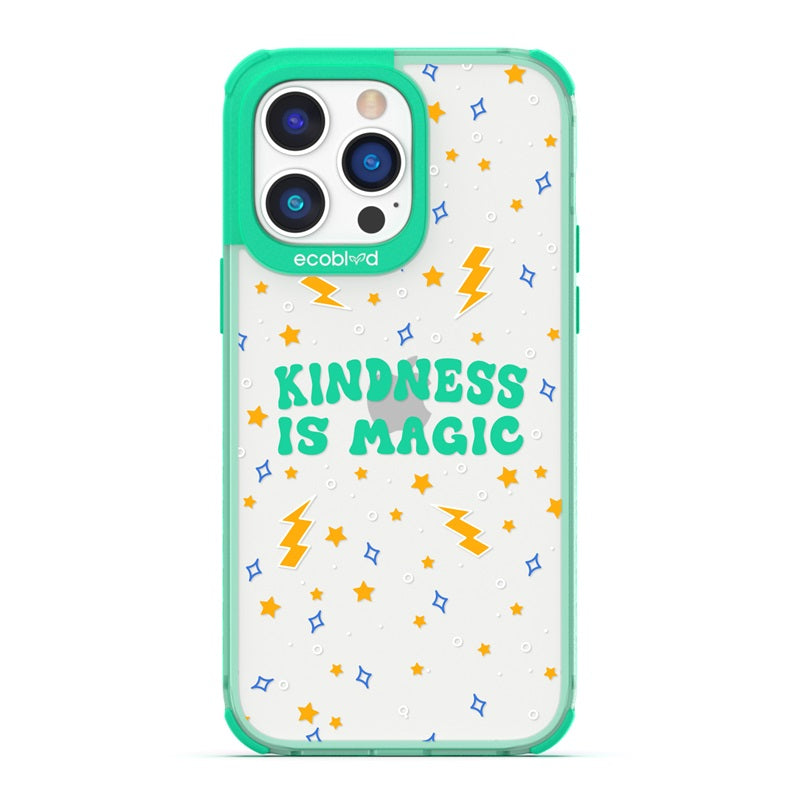 Laguna Collection - Green Compostable iPhone 14 Pro Case With Kindness Is Magic, Lightning & Stars On A Clear Back