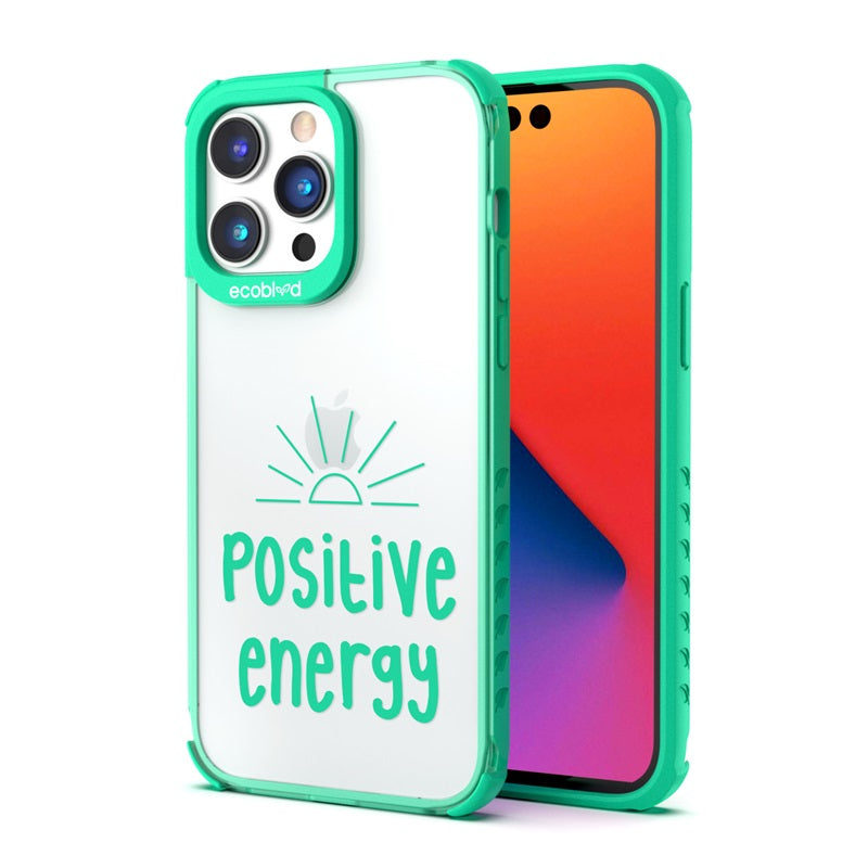 Back View Of The Green iPhone 14 Pro Laguna Case With The Positive Energy Design On A Clear Back And Front View Of The Screen
