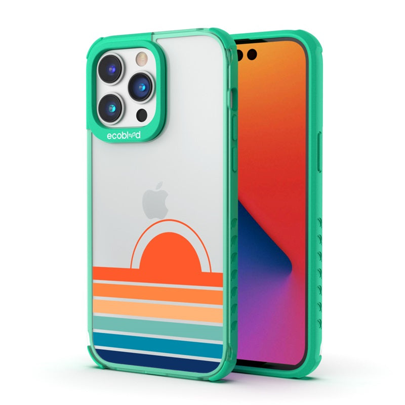 Back View Of The Green iPhone 14 Pro Laguna Case With The Rise N' Shine Design On A Clear Back And Front View Of The Screen