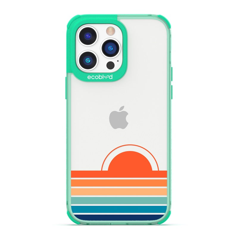 Laguna Collection - Green Eco-Friendly iPhone 14 Pro Case With Sun Rising From Rainbow Gradient Stripes On A Clear Back