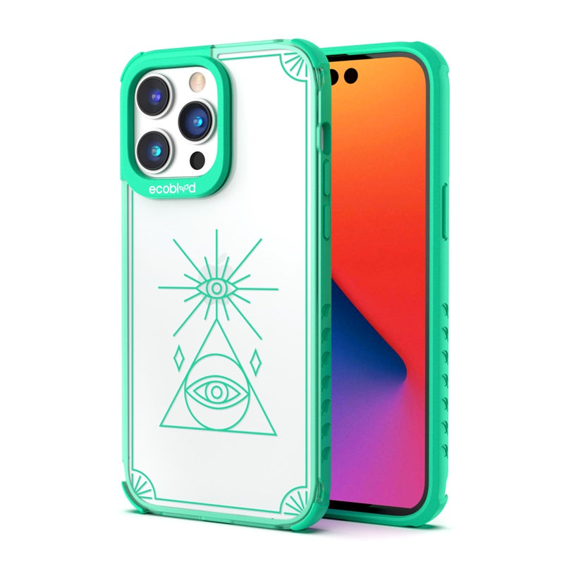 Back View Of The Green iPhone 14 Pro Laguna Case With The Tarot Card Design On A Clear Back And Front View Of The Screen
