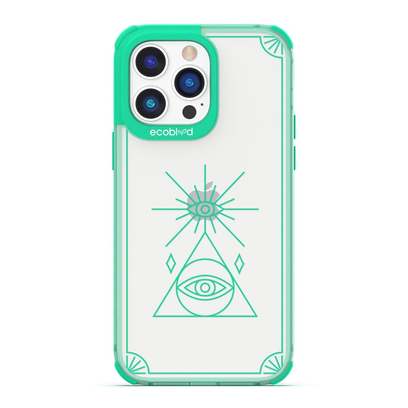 Laguna Collection - Green Eco-Friendly iPhone 14 Pro Case With An All Seeing Eye Tarot Card Design On A Clear Back