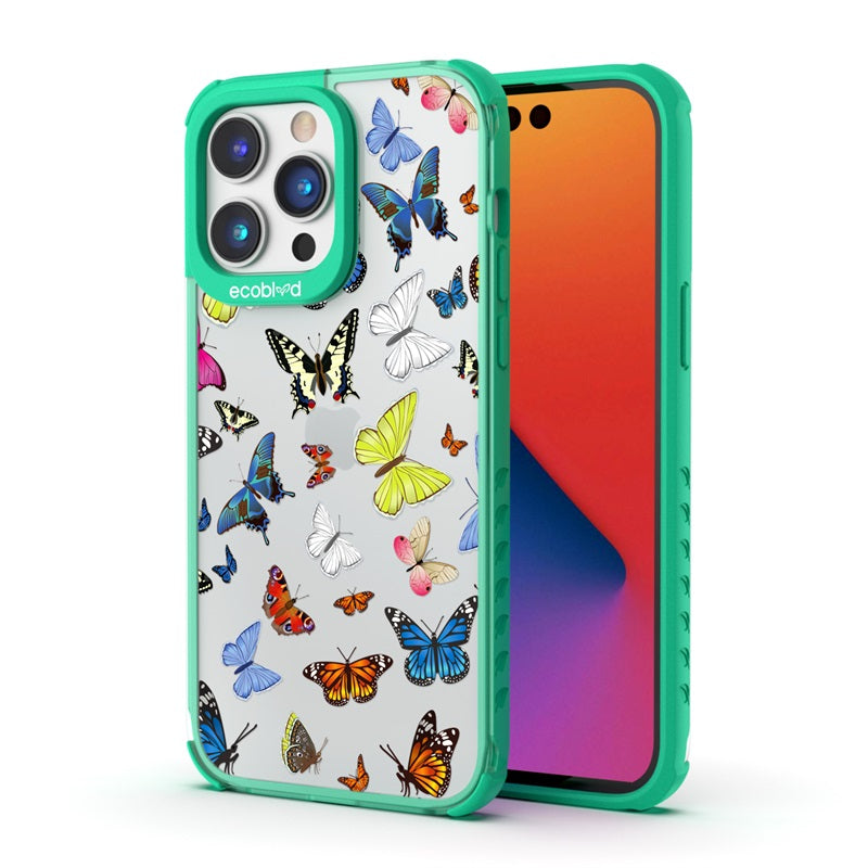 Back View Of Green iPhone 14 Pro Laguna Case With You Give Me Butterflies Design On Clear Back And Front View Of The Screen