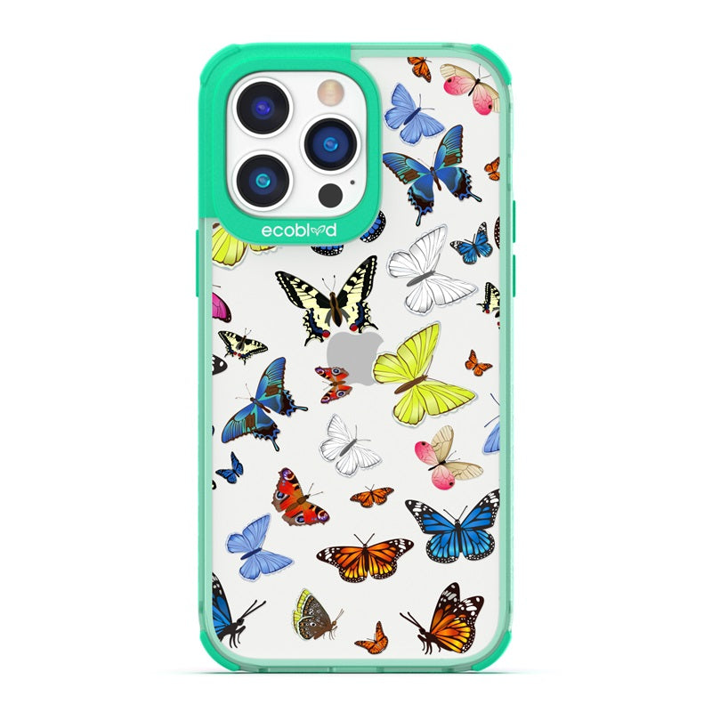 Laguna Collection - Green Eco-Friendly iPhone 14 Pro Case With Multicolored Butterflies On A Clear Back - Compostable
