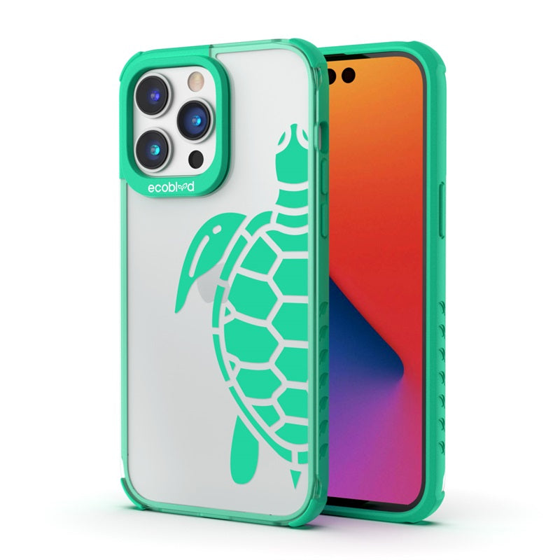 Back View Of The Green iPhone 14 Pro Laguna Case With The Sea Turtle Design On A Clear Back And Front View Of The Screen