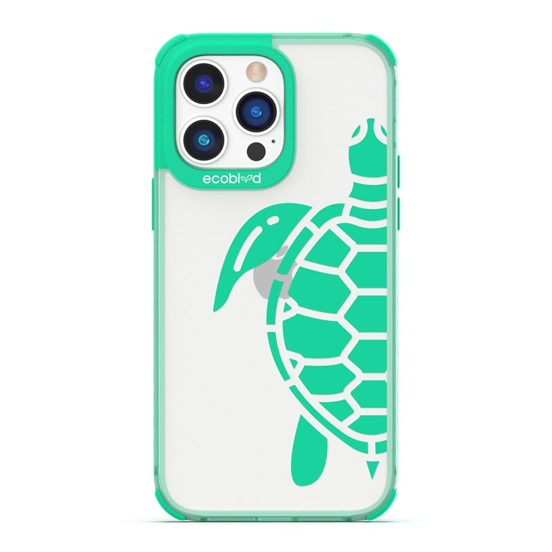 Laguna Collection - Green Eco-Friendly iPhone 14 Pro Case With A Minimalist Sea Turtle Design On A Clear Back - Compostable