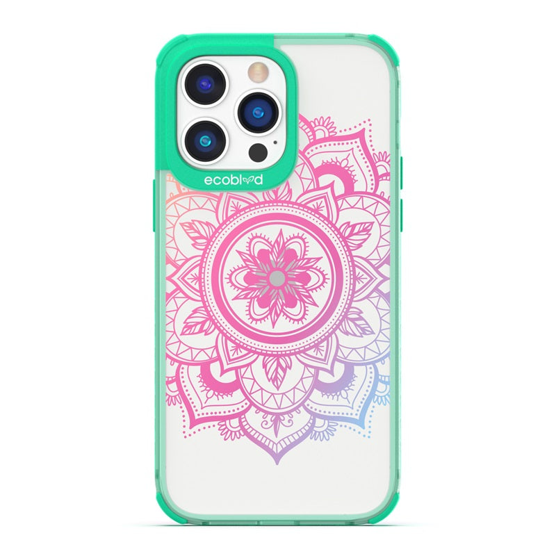 Laguna Collection - Green Eco-Friendly iPhone 14 Pro Case With A Pink Gradient Lotus Flower Mandala Design On A Clear Back