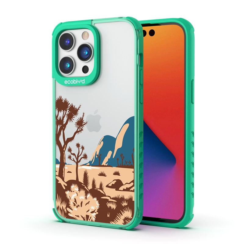 Back View Of The Green Compostable iPhone 14 Pro Laguna Case With Joshua Tree Design & Front View Of The Screen