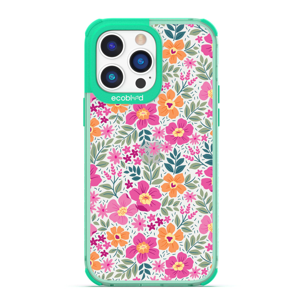 Spring Collection - Green Compostable iPhone 14 Pro Max Case - Bright, Colorful  Vintage Cartoon Flowers with Leaves On A Clear Back