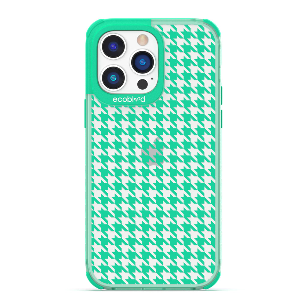 Timeless Collection - Green Laguna Compostable iPhone 14 Pro Case With A Plaid Houndstooth Pattern On A Clear Back