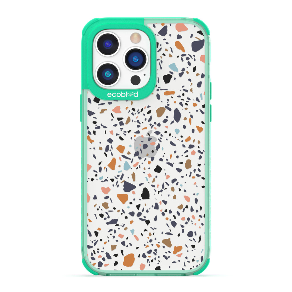 Timeless Collection - Green Laguna Compostable iPhone 14 Pro Max Case With A Speckled Terrazzo Pattern On A Clear Back