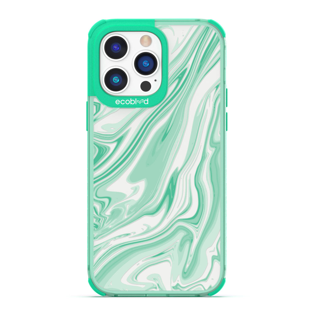 Timeless Collection - Green Laguna Compostable iPhone 14 Pro Case With Marble Swirls On a Clear Back