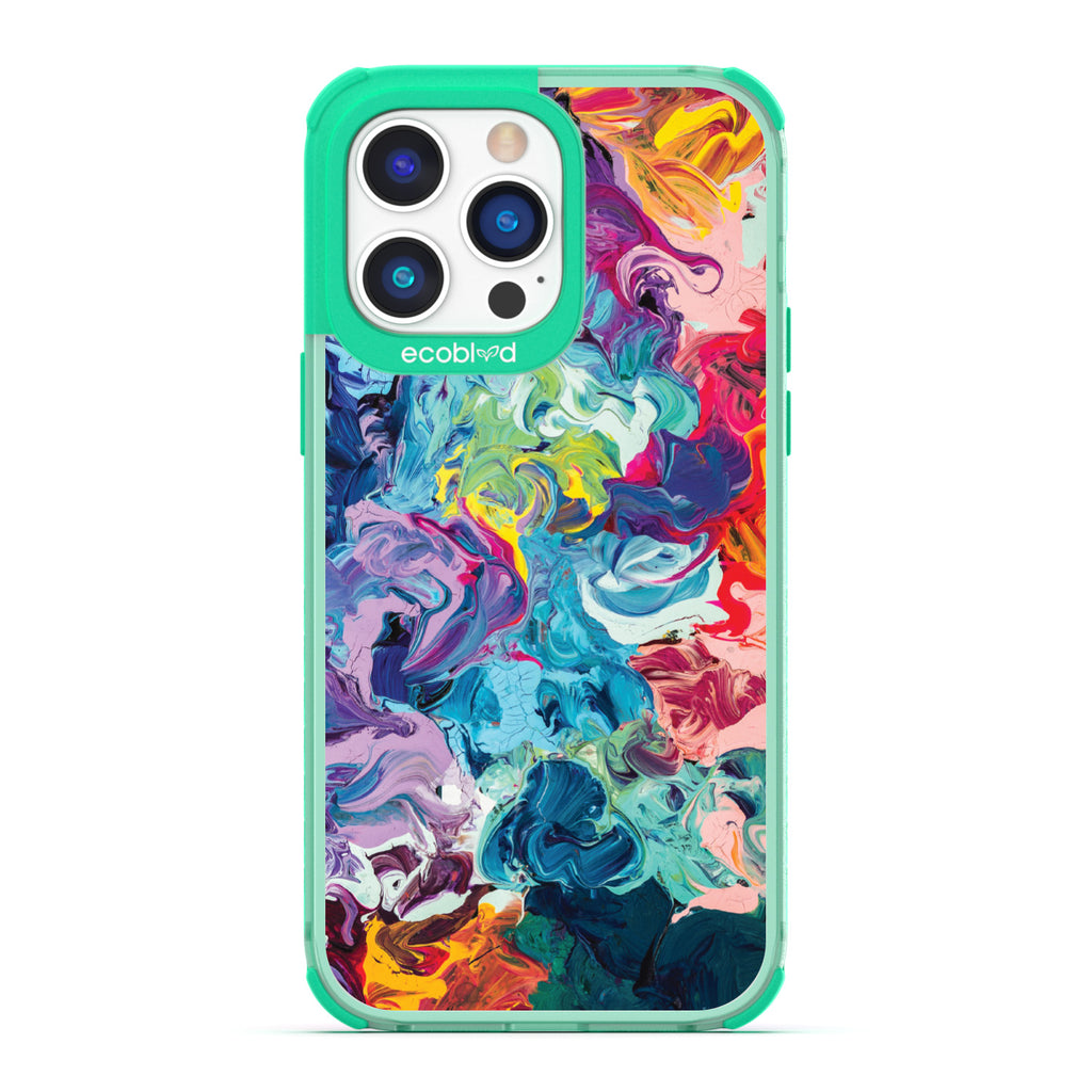 Contemporary Collection - Green Compostable iPhone 14 Pro Max Case - Abstract Colorful Oil Painting On A Clear Back