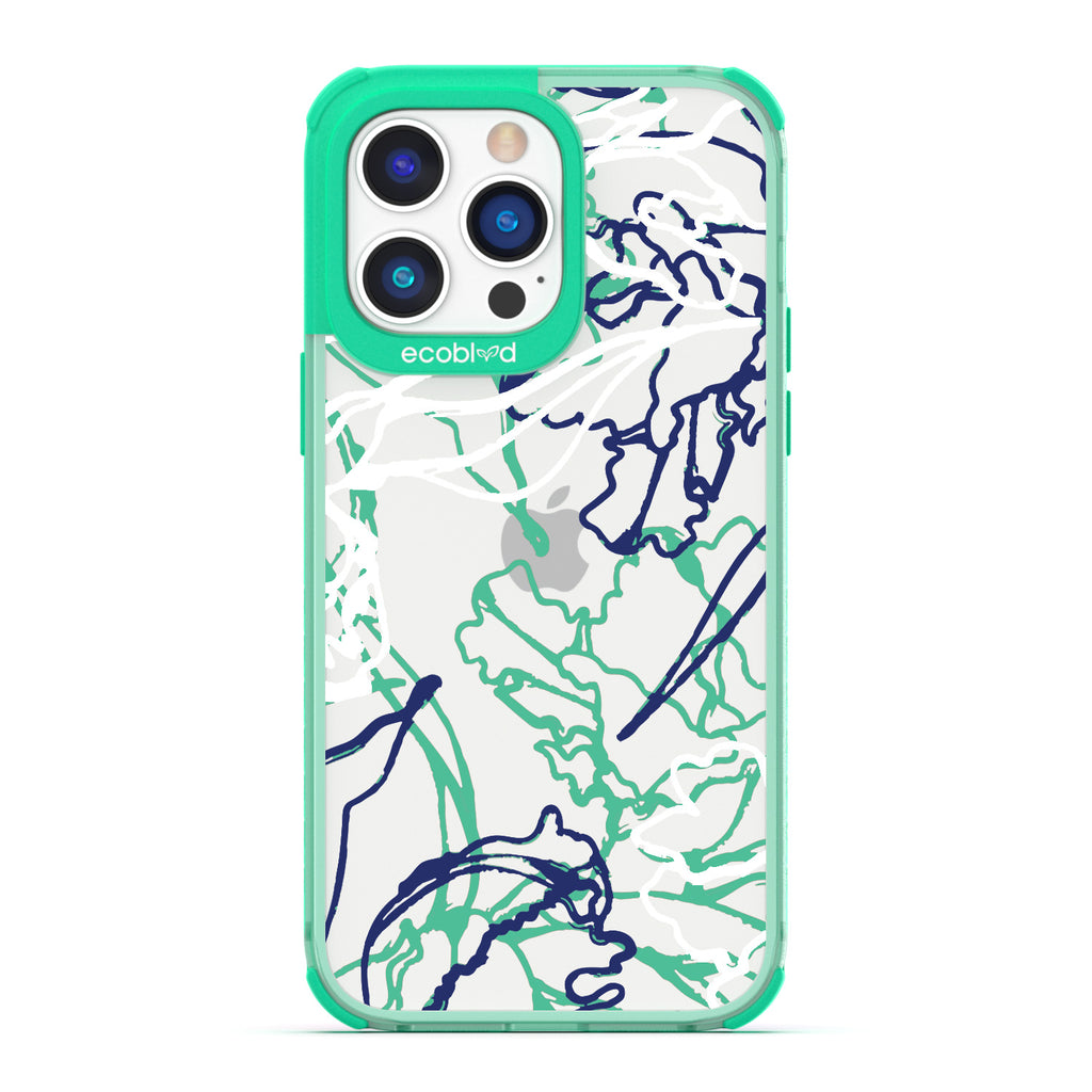 Contemporary Collection - Green Compostable iPhone 14 Pro Case - Minimalist Abstract Lines & Squiggles On A Clear Back