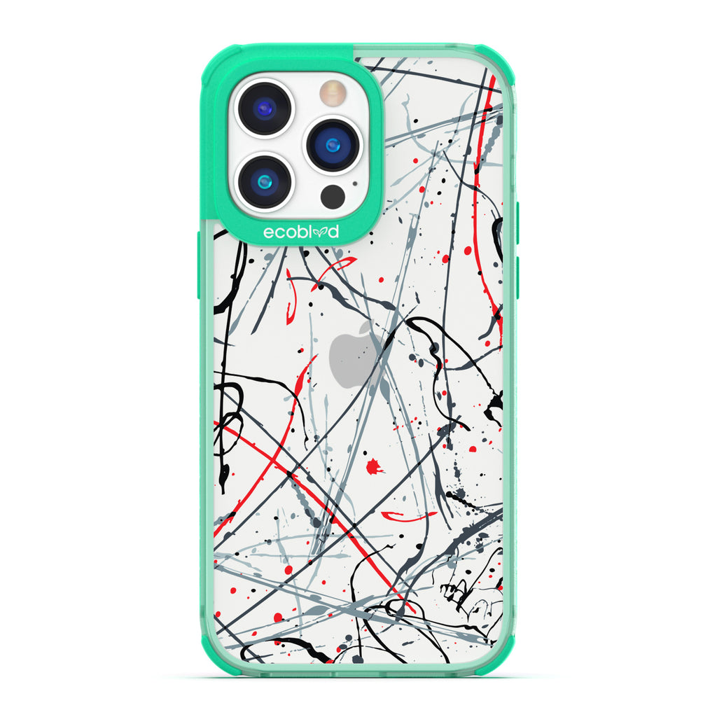 Contemporary Collection - Green Compostable iPhone 14 Pro Max Case - Black & Red Paint Splatter On A Clear Back