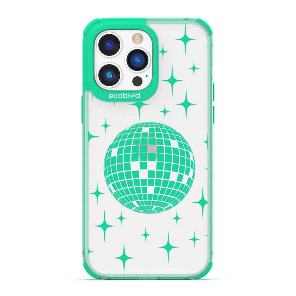 Winter Collection - Green Eco-Friendly iPhone 14 Pro Case - A Mirror Ball Shines With Stars On A Clear Back