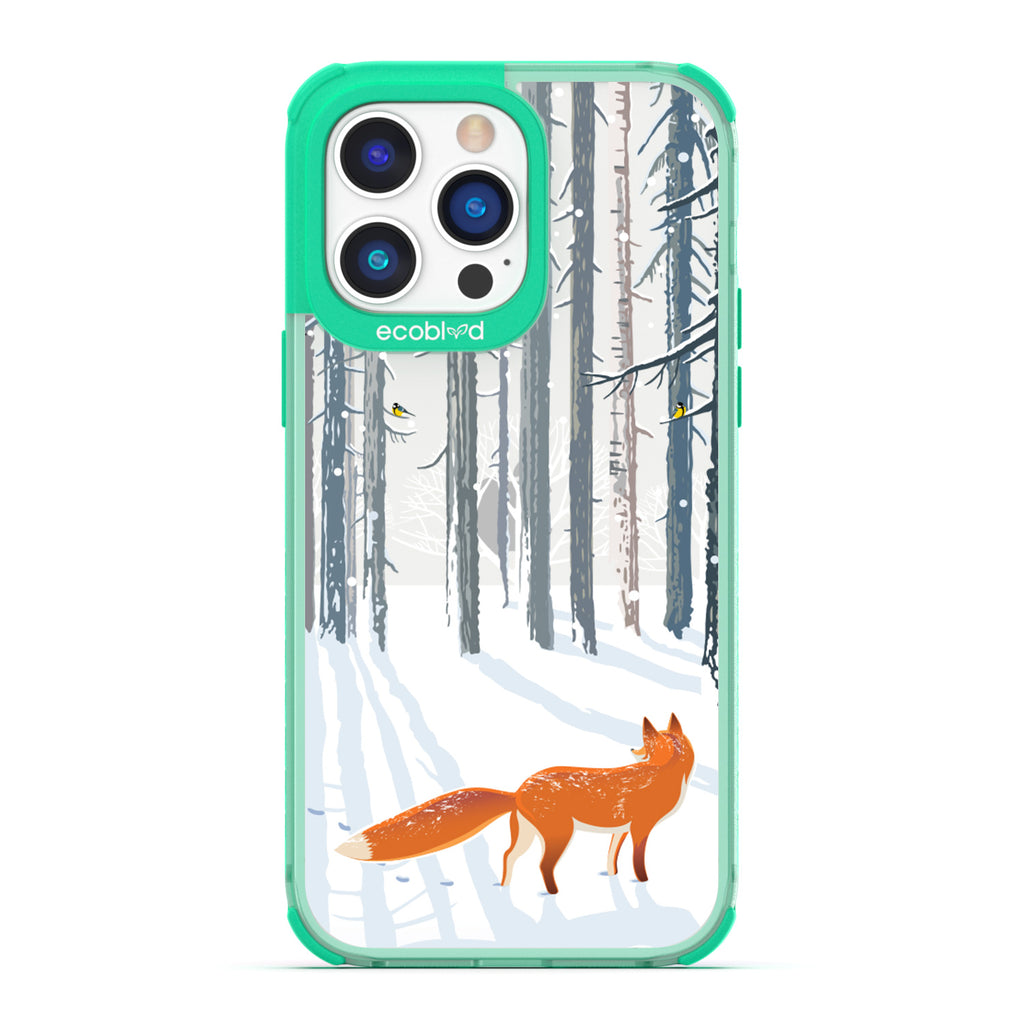 Winter Collection - Green Compostable iPhone 14 Pro Case - Orange Fox Trails Pawprints In Snowy Woods On A Clear Back