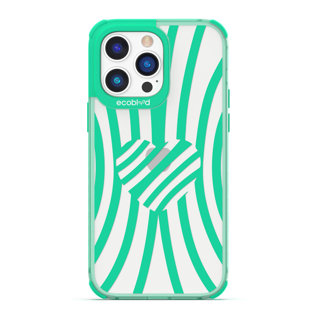 Love Collection - Green Compostable iPhone 14 Pro Max Case - Green Zebra Stripes & A Heart In The Center On A Clear Back