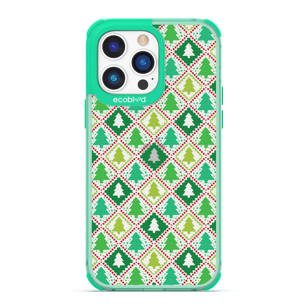 Winter Collection - Green Compostable Laguna iPhone 14 Pro Case With A Christmas Tree Wrapping Paper Print On A Clear Back