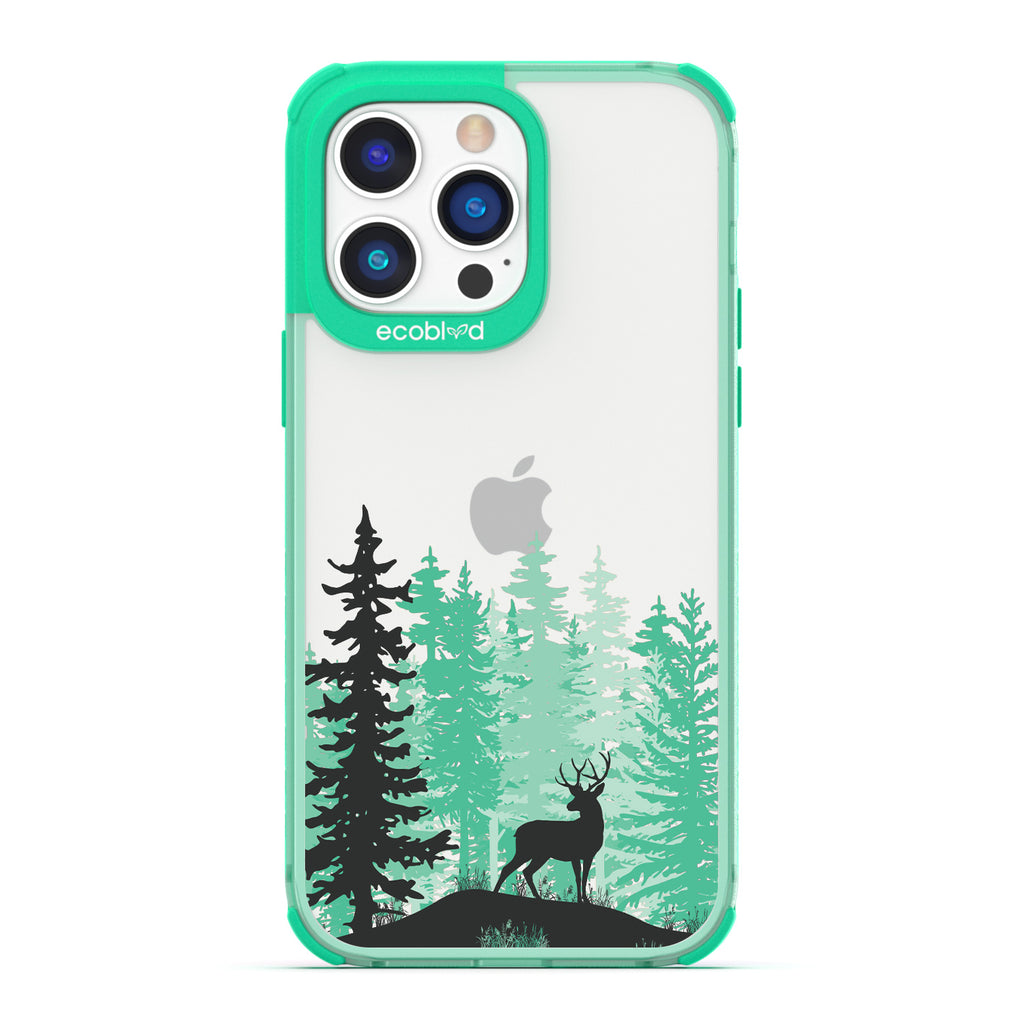 Winter Collection - Green Compostable iPhone 14 Pro Case - Wild Stag Standing On Boulder In The Woods On Clear Back