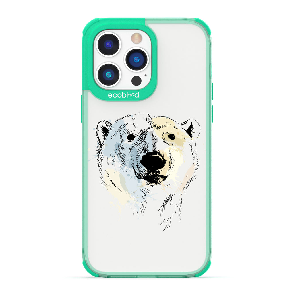 Winter Collection - Green Compostable iPhone 14 Pro Case - Illustrated Polar Bear Face On Clear Back