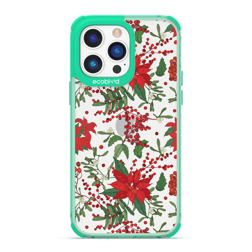 Winter Collection - Green Compostable iPhone 14 Pro Max Case - Illustrated Poinsettia Floral Print On Clear Back