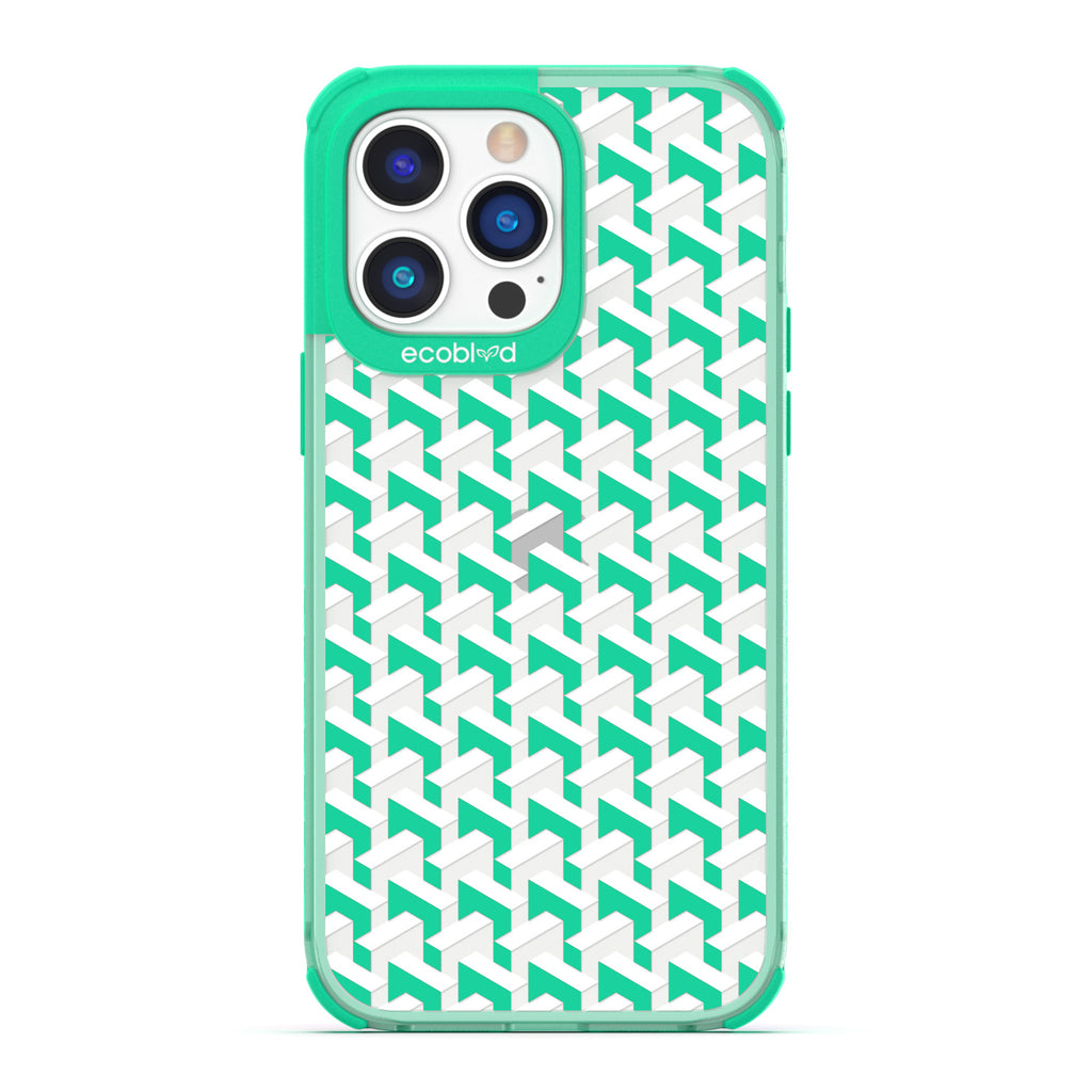 Timeless Collection - Green Laguna Compostable iPhone 14 Pro Case With High-Fashion Inspired Chevron Print On A Clear Back