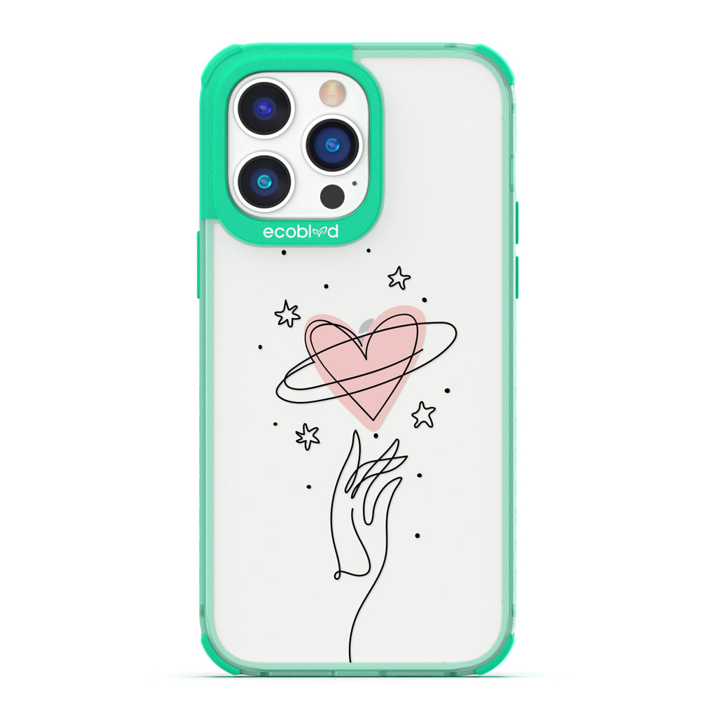 Be Still My Heart - Green Compostable iPhone 14 Pro Case - Line Art Hand Reaching Out For Pink Heart, Stars On A Clear Back