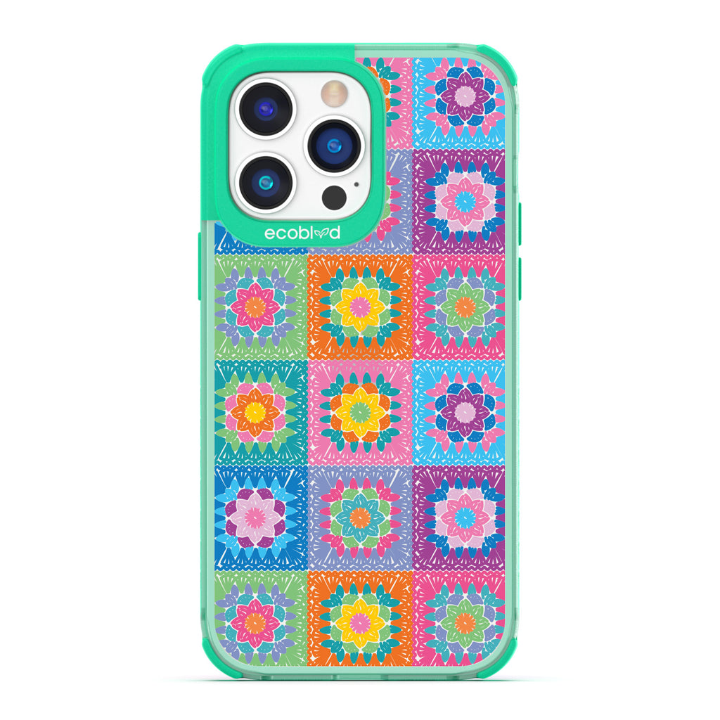 Spring Collection - Green Compostable iPhone 14 Pro Case - Pastel Vintage Granny Squares Crochet Pattern On A Clear Back