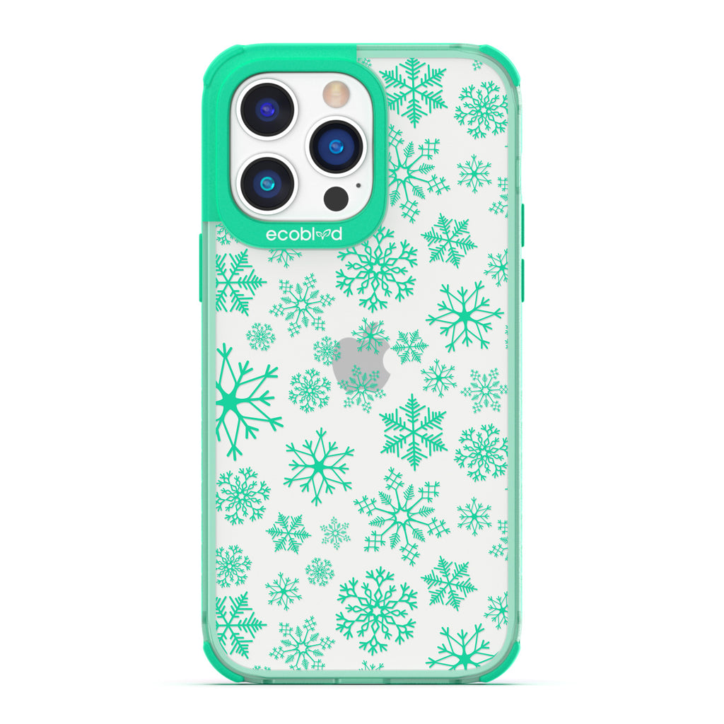 Winter Collection - Green Eco-Friendly Laguna iPhone 14 Pro Case With A Snowflake Pattern On A Clear Back