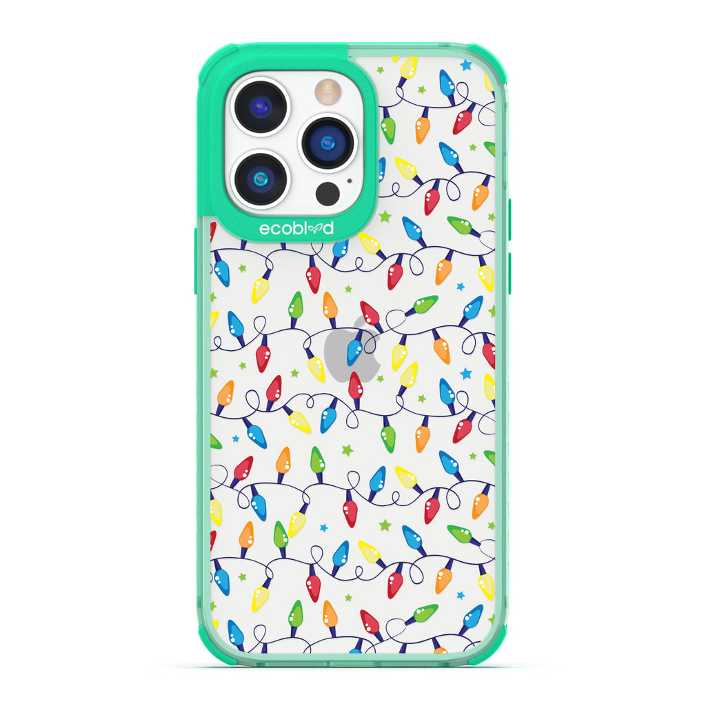 Winter Collection - Green Compostable Laguna iPhone 14 Pro Case With Multicolored Christmas Lights & Stars On A Clear Back 