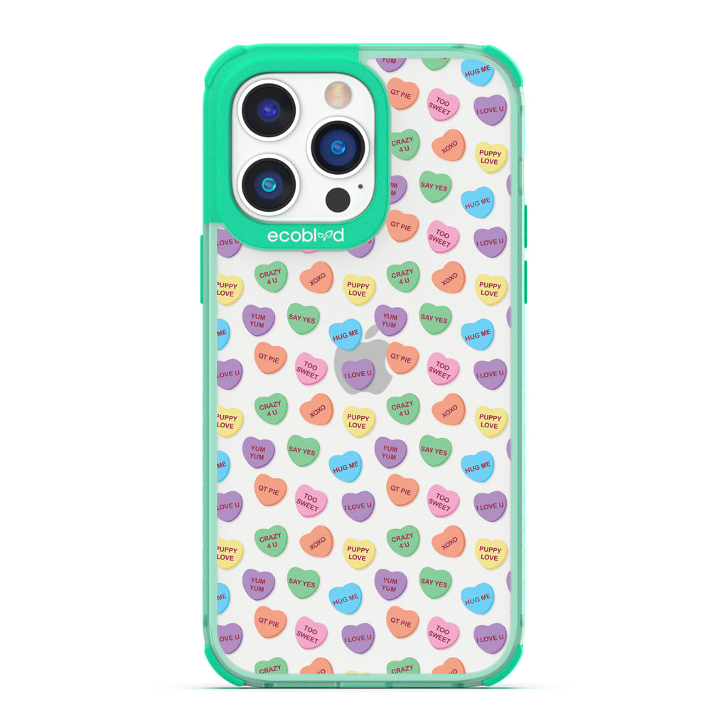 Love Collection - Green Compostable iPhone 14 Pro Case - Pastel Candy Hearts With Romantic Quotes On A Clear Back