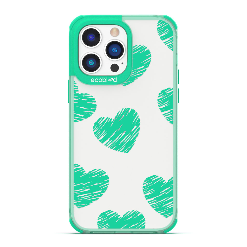 Love Collection - Green Compostable iPhone 14 Pro Max Case - Green Scribbled Hearts On A Clear Back