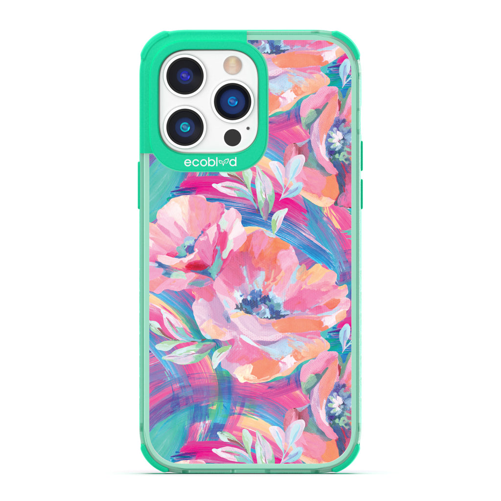 Spring Collection - Green Compostable iPhone 14 Pro Max Case - Pastel-Colored Abstract Painting Of Poppies On Clear Back