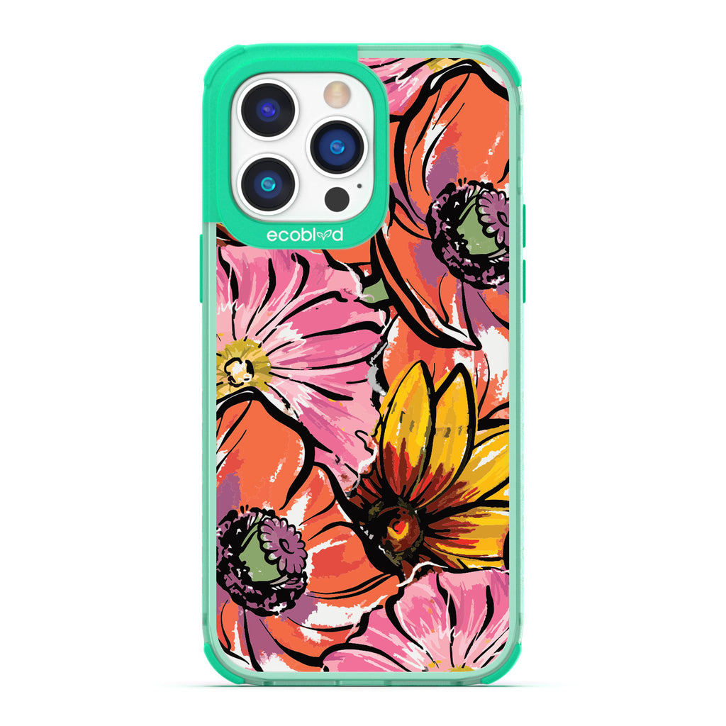 Spring Collection - Green Compostable iPhone 14 Pro Max Case - Watercolor Spring Flowers Painting On A Clear Back