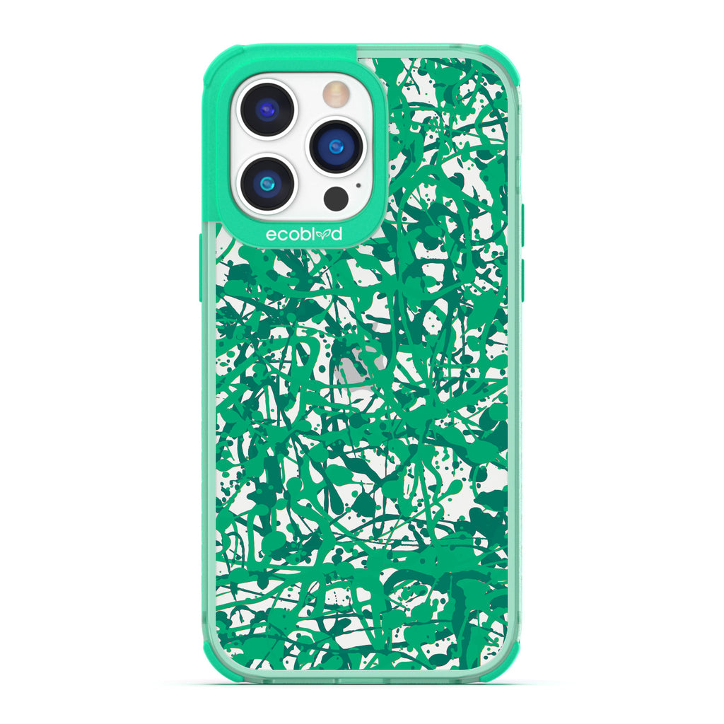 Contemporary Collection - Green Compostable iPhone 14 Pro Case - Abstract Pollock-Style Painting On A Clear Back