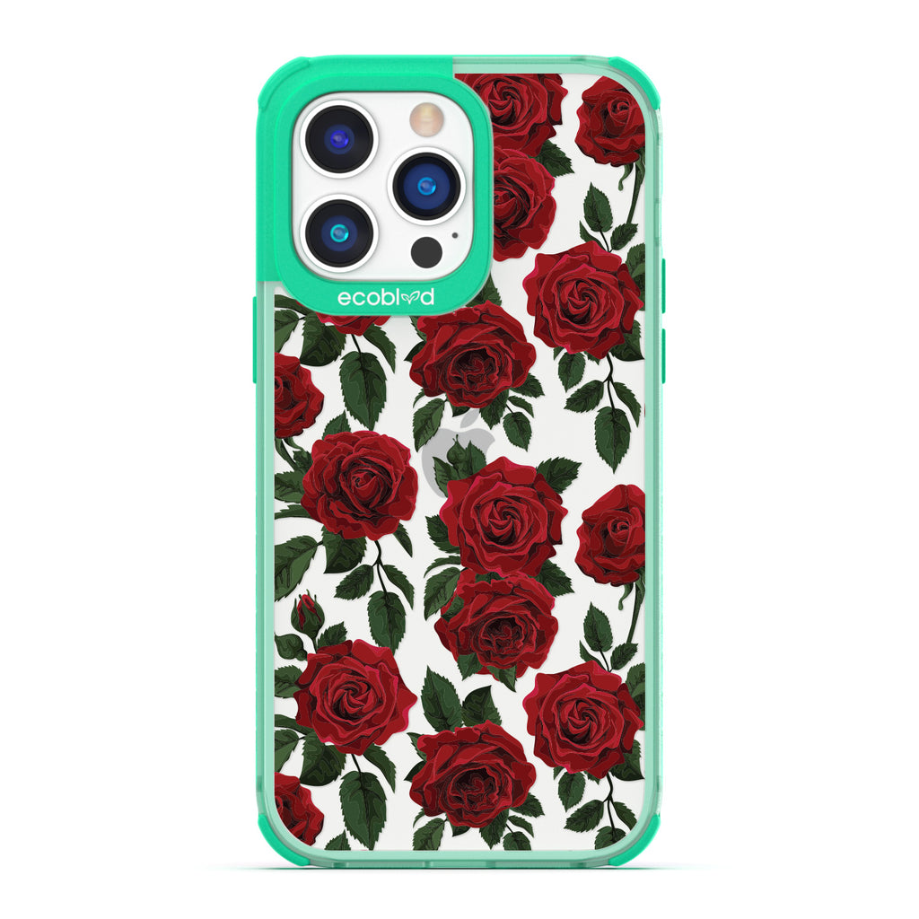 Love Collection - Green Compostable iPhone 14 Pro Case - Red Roses & Leaves On A Clear Back