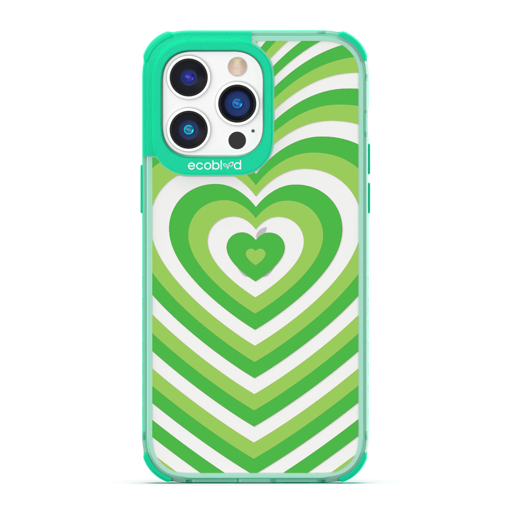 Love Collection - Green Compostable iPhone 14 Pro Case - A Green Heart Gradually Growing Larger On A Clear Back