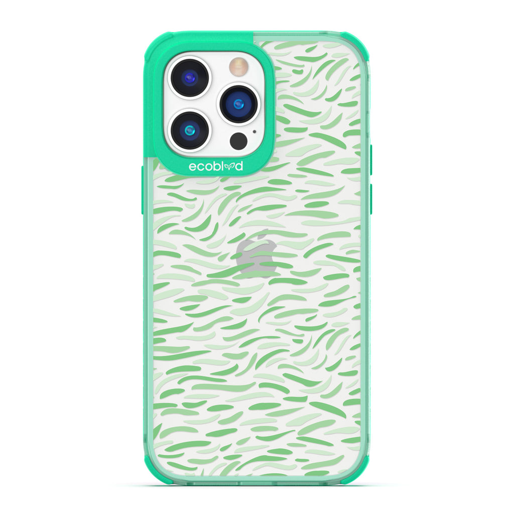 Timeless Collection - Green Laguna Compostable iPhone 14 Pro Max Case With Abstract Paint Brush Strokes On A Clear Back
