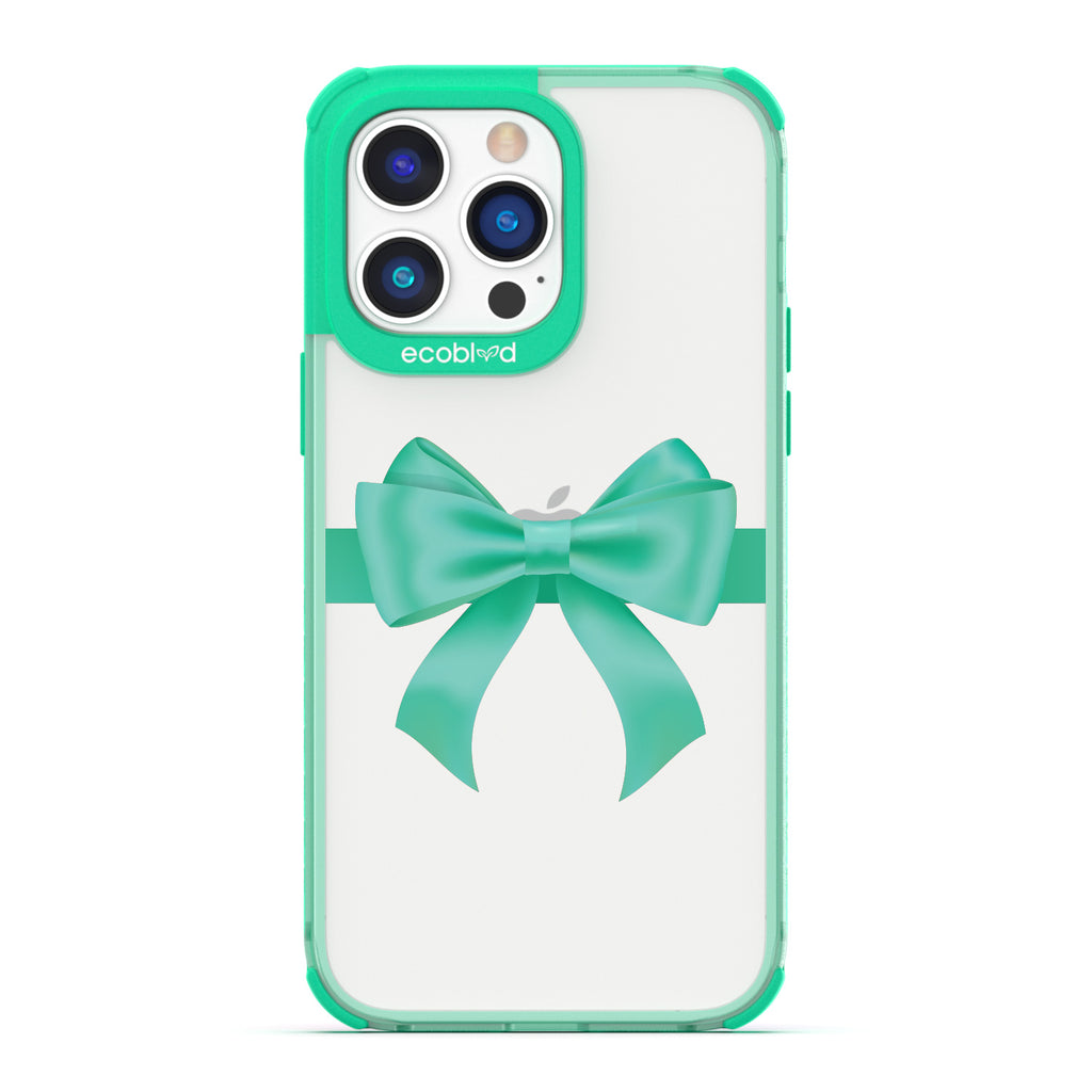 Winter Collection - Green Eco-Friendly Laguna iPhone 14 Pro Case With A Green Gift Bow Printed On A Clear Back