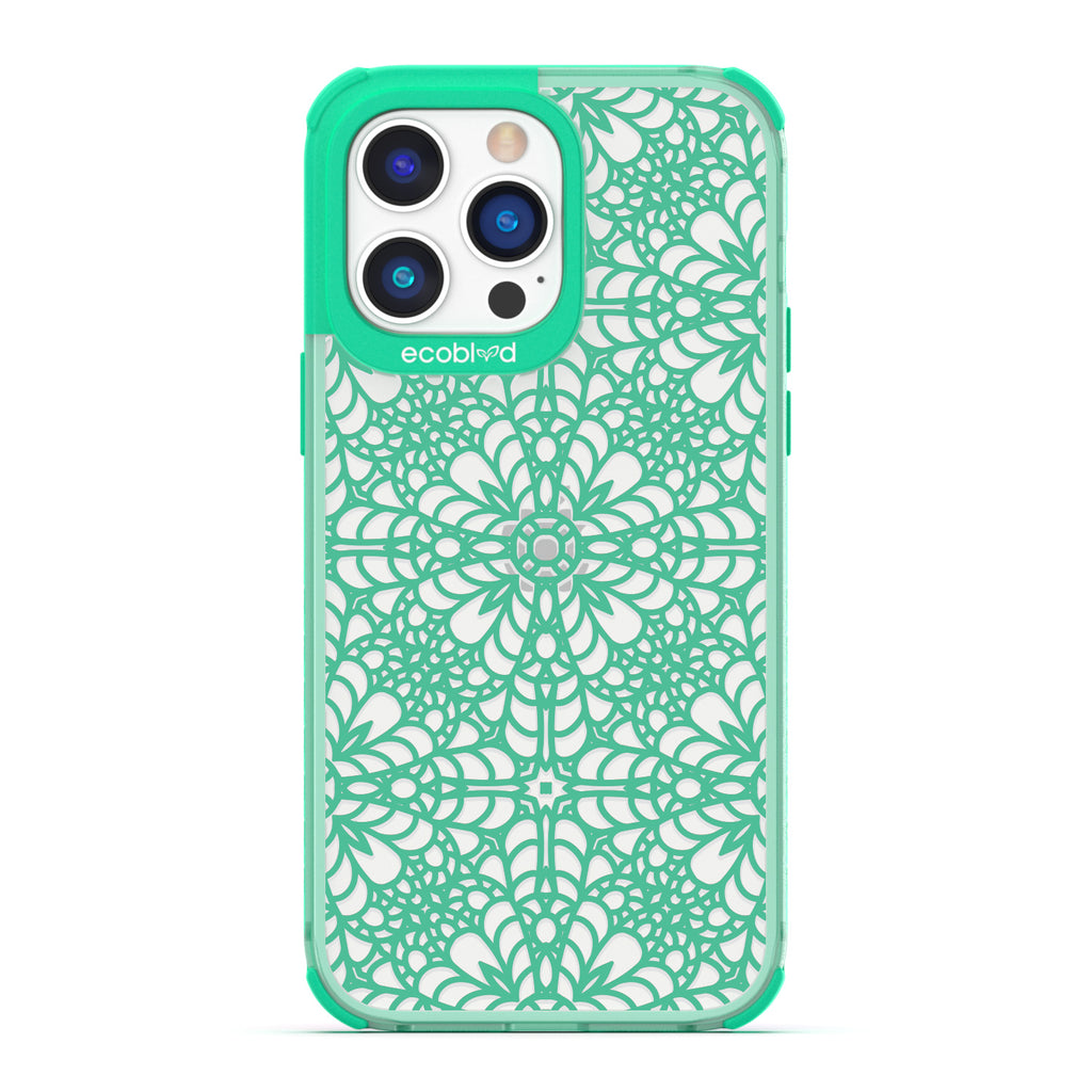 Spring Collection - Green Compostable iPhone 14 Pro Case - Intricate Lace Tapestry Pattern On A Clear Back