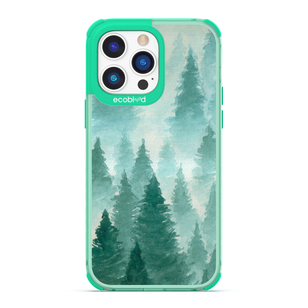 Winter Collection - Green Eco-Friendly Laguna iPhone 14 Pro Max Case With A Watercolor Pine Tree Forest On A Clear Back