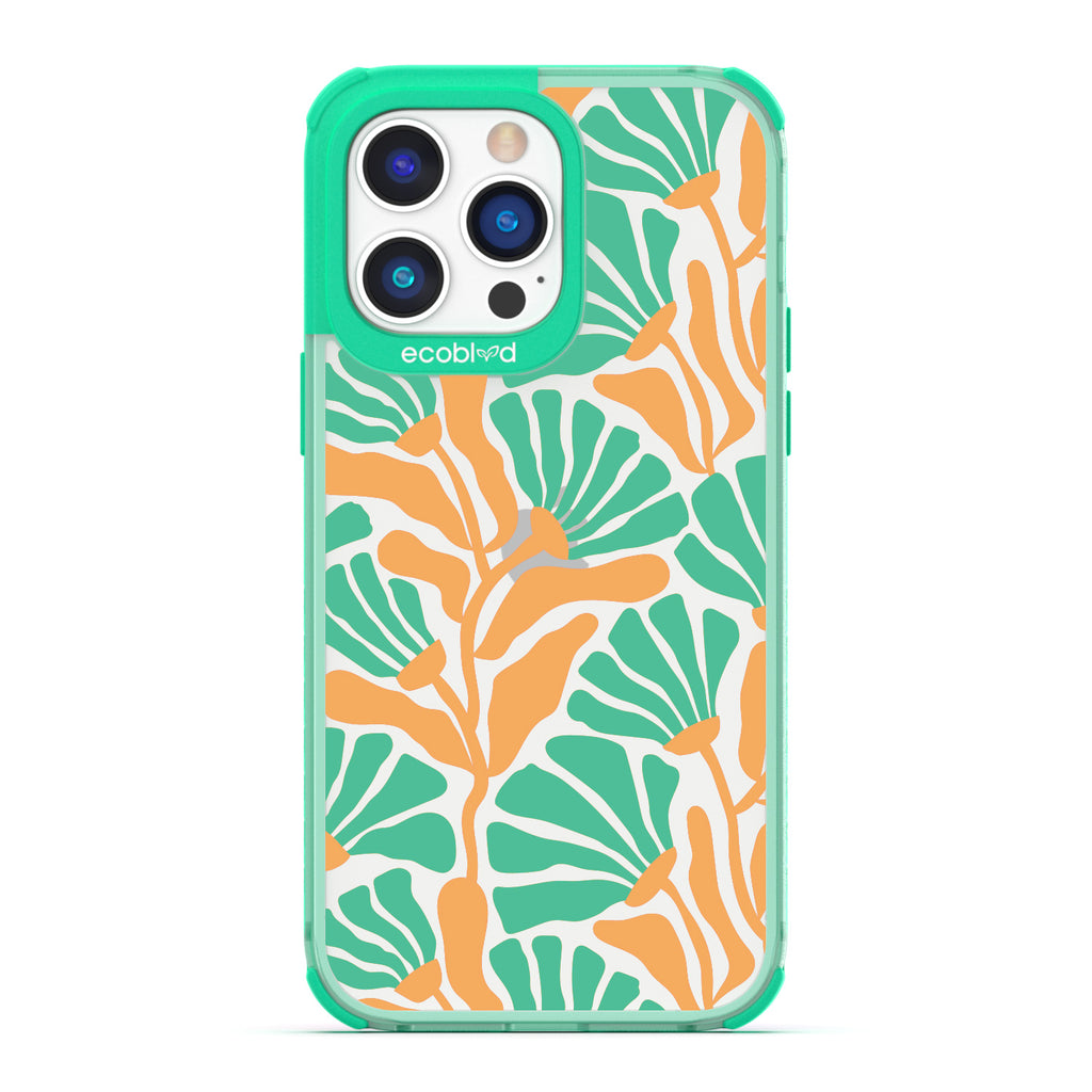Spring Collection - Green Compostable iPhone 14 Pro Case - Tropical Flowers With Tan Base & Green Petals On A Clear Back