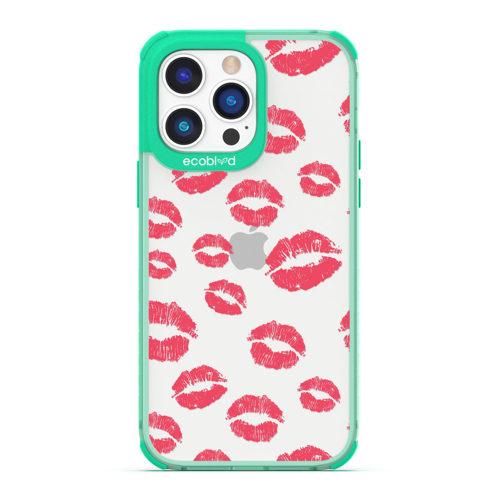 Love Collection - Green Compostable iPhone 14 Pro Case - Multiple Red Lipstick Kisses On A Clear Back