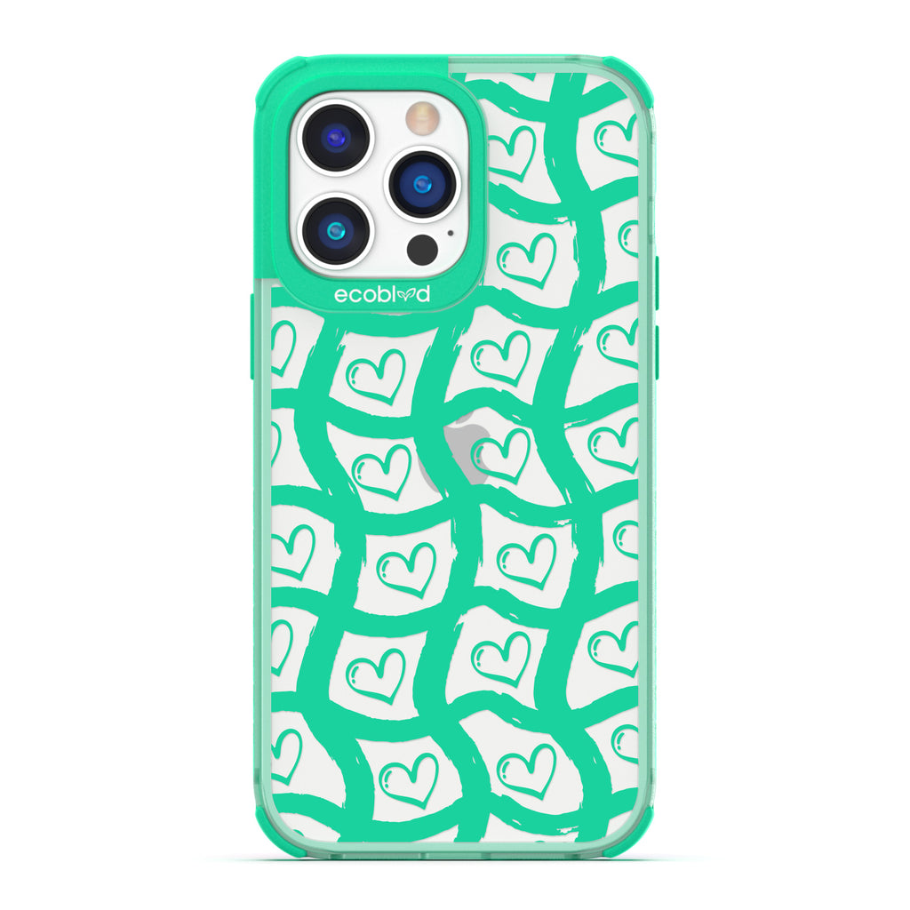 Love Collection - Green Compostable iPhone 14 Pro Max Case - Wavy Paint Stroke Checker Print With Hearts On A Clear Back
