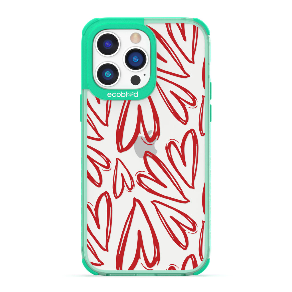 Love Collection - Green Compostable iPhone 14 Pro Max Case - Painted / Sketched Red Hearts On A Clear Back