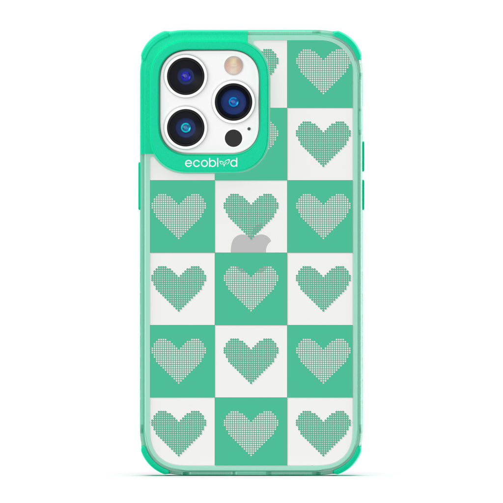 Love Collection - Green Compostable iPhone 14 Pro Case - Green Checkered Print With Knitted Hearts On A Clear Back